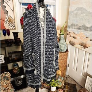 Textured Navy & White Fringe Wrap Cardigan - Cozy Layering